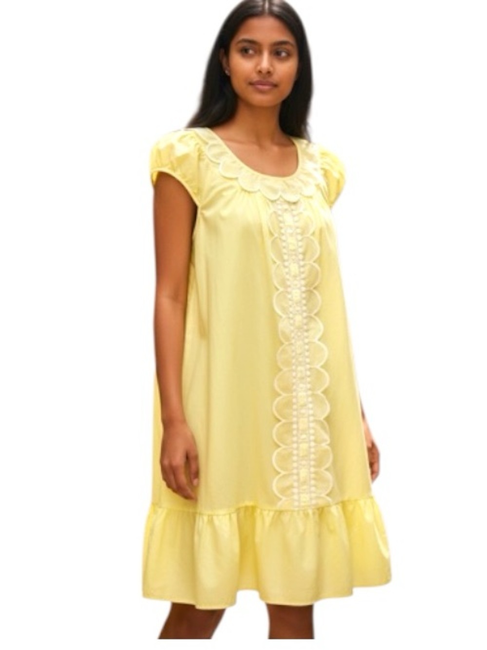Vintage 70s Slumber Suzy Yellow Chemise Nightdress L Scalloped Trim Cap Sleeves